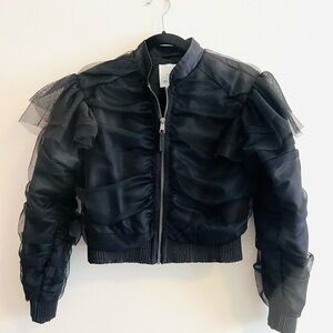 Anthropologie Black Ruffled Tulle Bomber Jacket XS